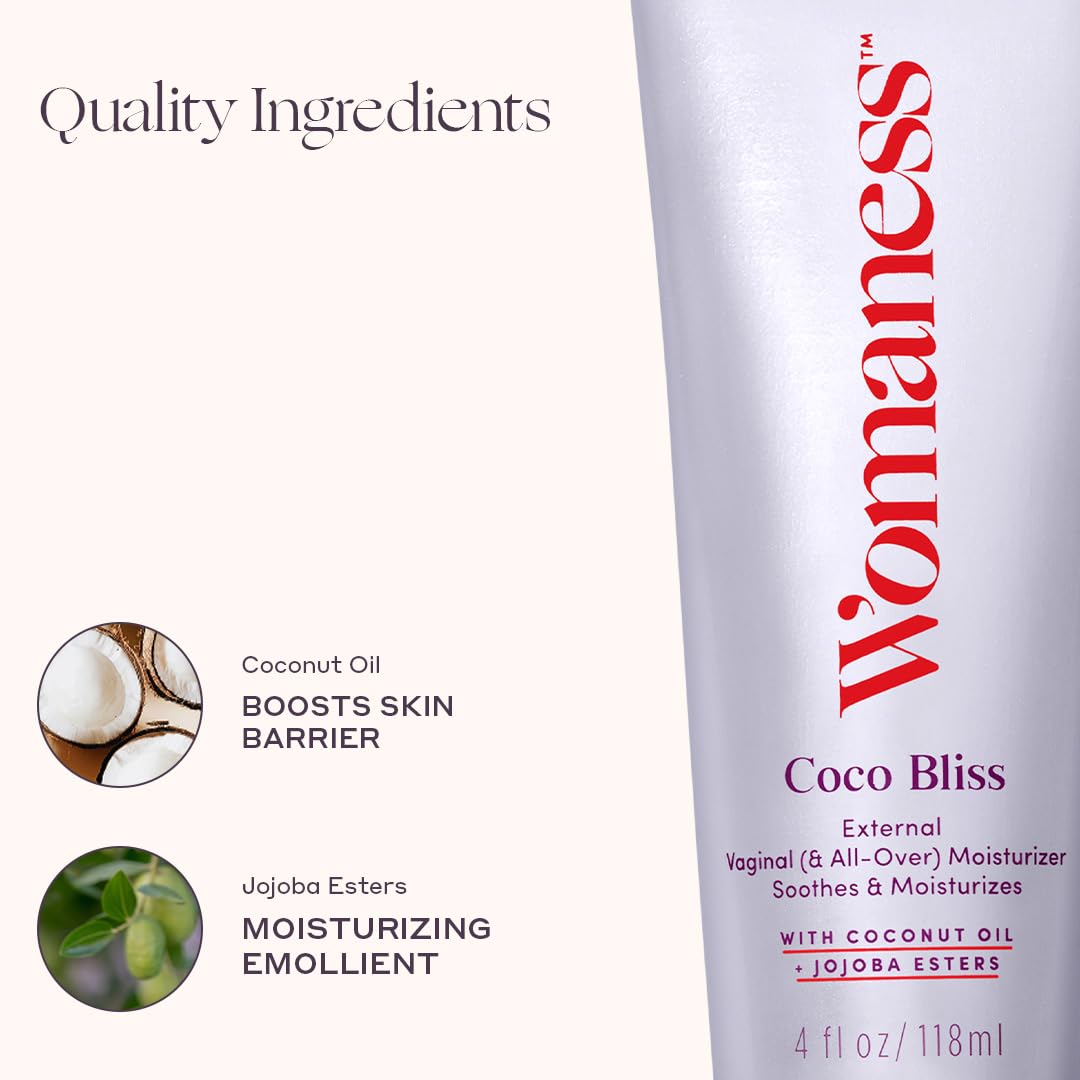 Womaness Coco Bliss Vaginal Moisturizer - Hydrating Coconut Cream for Vaginal Dryness - Non-Sticky Vulva Cream for External Intimate & Body Care - Estrogen & Hormone-Free Formula for Women - 4oz