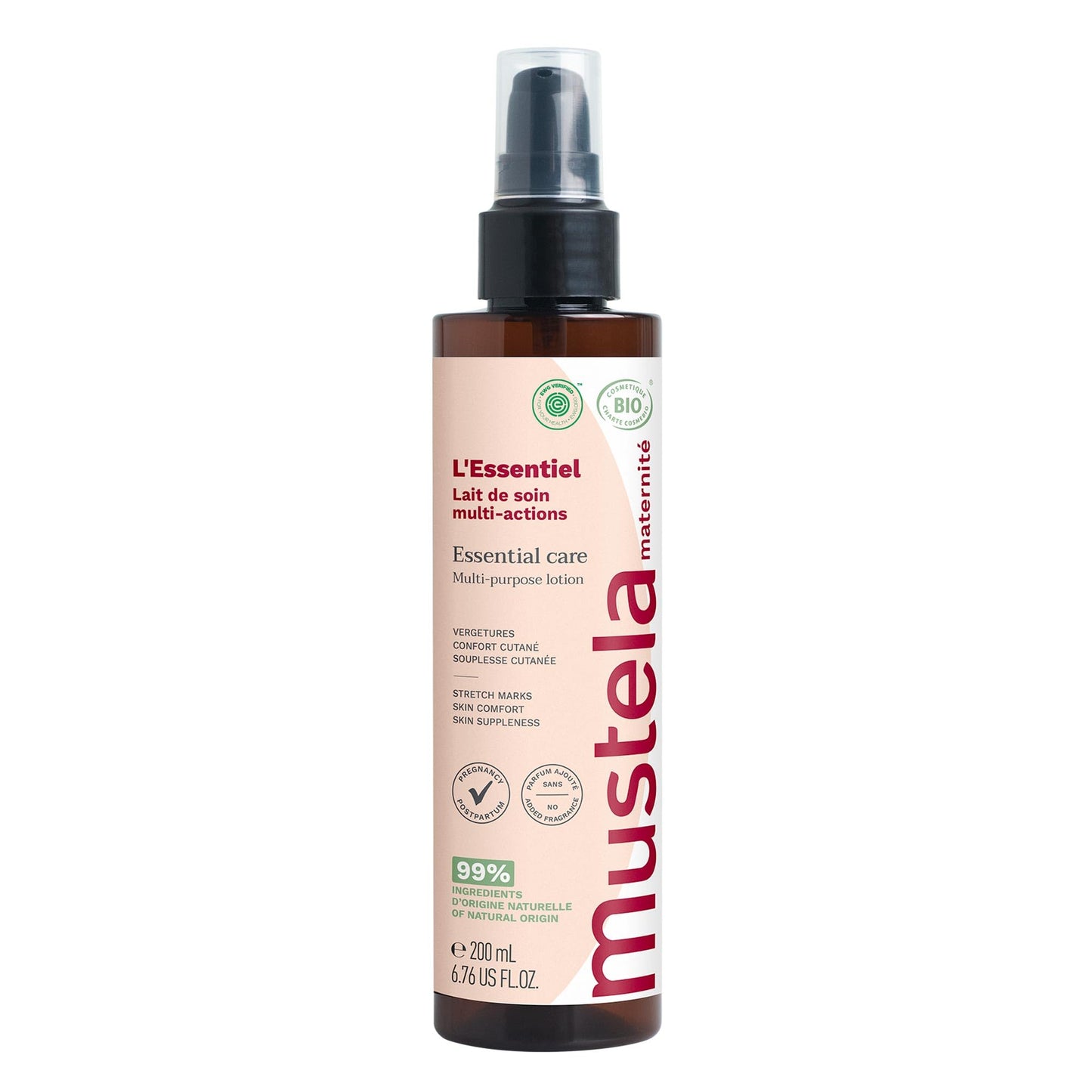 Mustela Certified Organic Maternity Essential Care Multi-Purpose Lotion - Pregnancy & postpartum - Stretch Marks, Skin Comfort & Suppleness - No Added Scent - Safe for Moms, Babies & Breastfeeding
