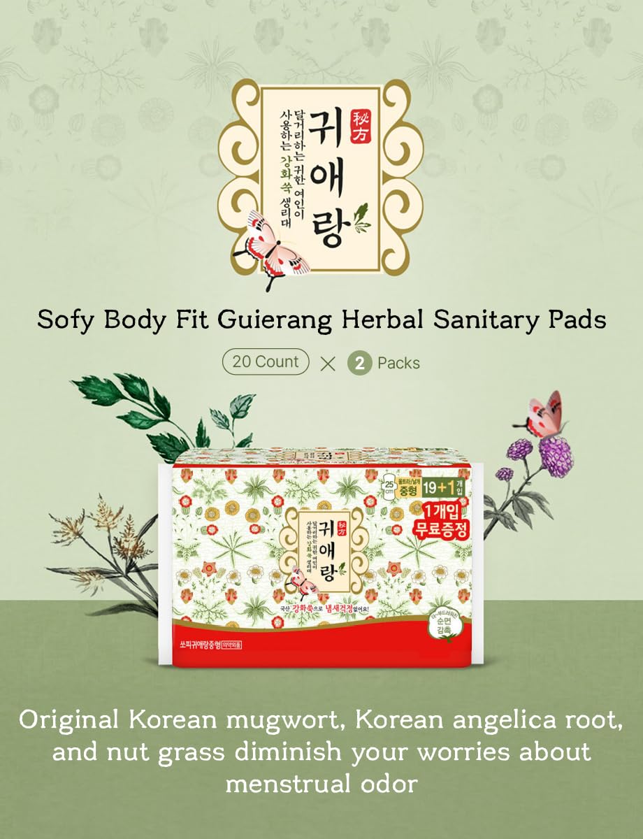 Body Fit Guierang Herbal Sanitary Pads, Medium 10.2inch 26cm 20 Count X 2 Packs