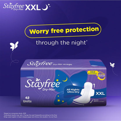 Stayfree Dry Max All Night XL Dry Cover Sanitary Pads For Women With Wings, 42 pieces