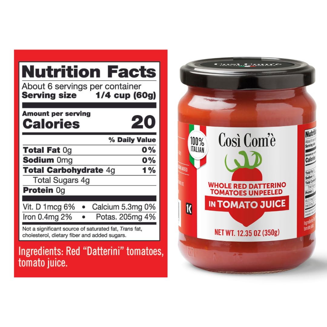 Cosi Come - Datterini Tomatoes in Juice (12.354 oz) 350 g, Low-acid, No additives, No preservatives, 100% Natural, Non-GMO, Product of Italy