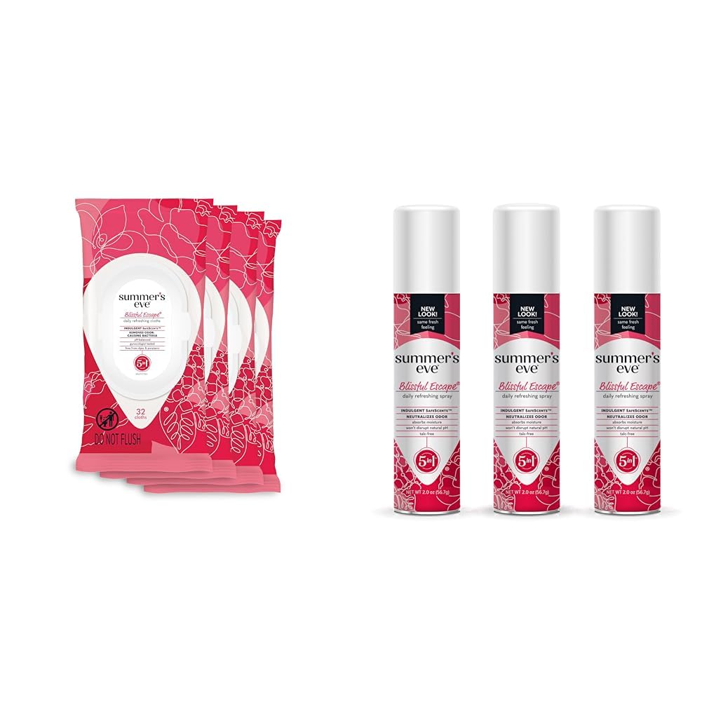 Summer's Eve Blissful Escape Feminine Wipes 32 Count 4 Pack and Feminine Spray 2 oz 3 Pack Bundle