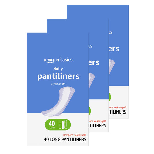Amazon Basics Daily Pantiliner, Long Length, Feminine Pads for Women, Unscented, Comfortable Thin, 120 Count (3 Packs of 40) (Previously Solimo)