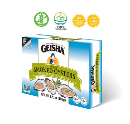 GEISHA Smoked Oysters in Extra Virgin Olive Oil 3.75oz(Pack of 12), Smoked Oysters | Zero Trans Fat - No Sugar Added – Farm Raised – Rich in Iron(20% DV per serving) – Gluten Free – Good Source of Protein(32% DV per serving) – NON-GMO Project Verified