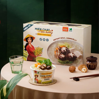 SIMPLY FOOD Instant Mushroom Glass Noodles (Miến Chay Nấm Hương) - 9 BOWLS/ 55g each – Delicious, Clear Glass Vermicelli Noodles in a Flavorful Vegetarian Mushroom Broth