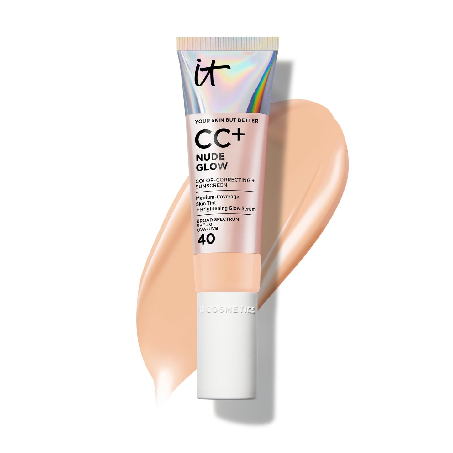 IT Cosmetics CC+ Nude Glow - Medium Coverage Foundation with SPF 40 & Brightening Glow Serum, Lightweight Skin Tint, 2% Niacinamide + Hyaluronic Acid, Up to 24H Hydration, Normal/Dry Skin - 1.08 fl oz