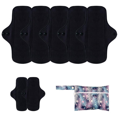 AIO Reusable Washable Cloth Menstrual Black Pads Sanitary Pad for Woman Size(7.09 * 10.63inch) Including 5 pcs Pads with 1 Wet Bag