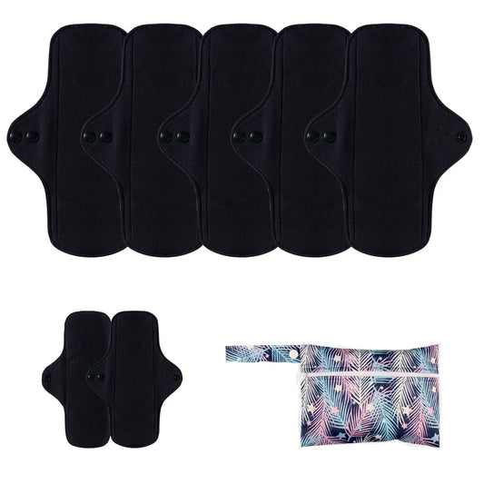 AIO Reusable Washable Cloth Menstrual Black Pads Sanitary Pad for Woman Size(7.09 * 10.63inch) Including 5 pcs Pads with 1 Wet Bag