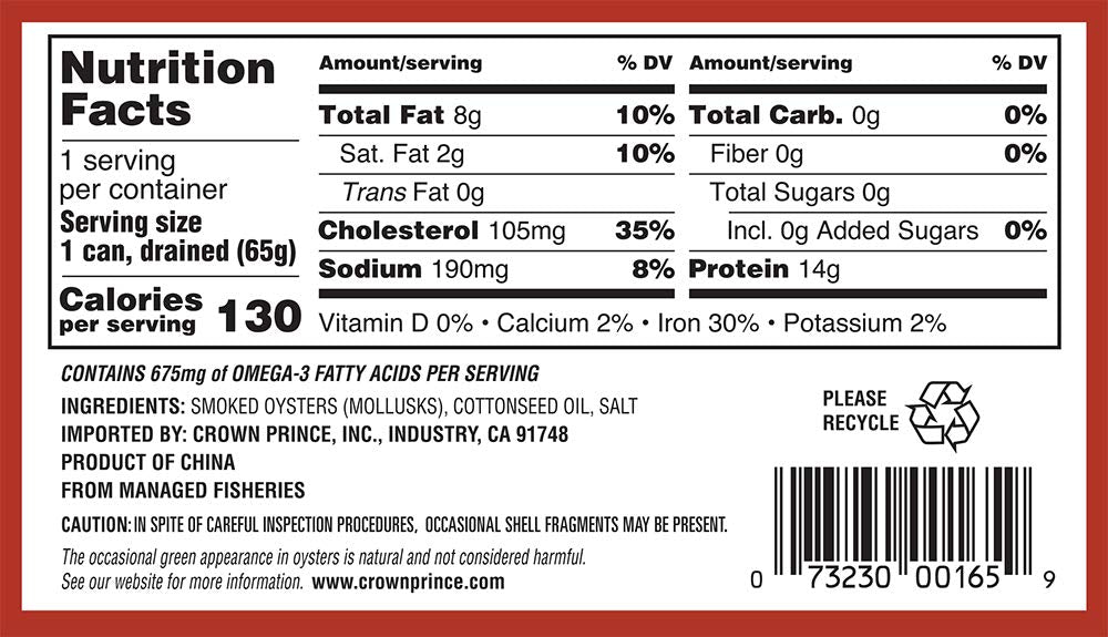 Ocean Prince Smoked Oysters in Cottonseed Oil, 3-Ounce Cans (Pack of 18)