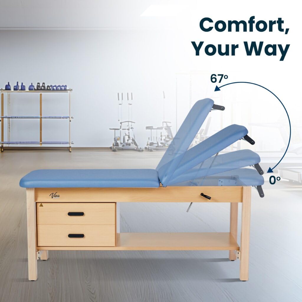 Aristo H-Brace Tilted Treatment Table with Shelf and Drawers, 500 lbs Weight Capacity, Blue