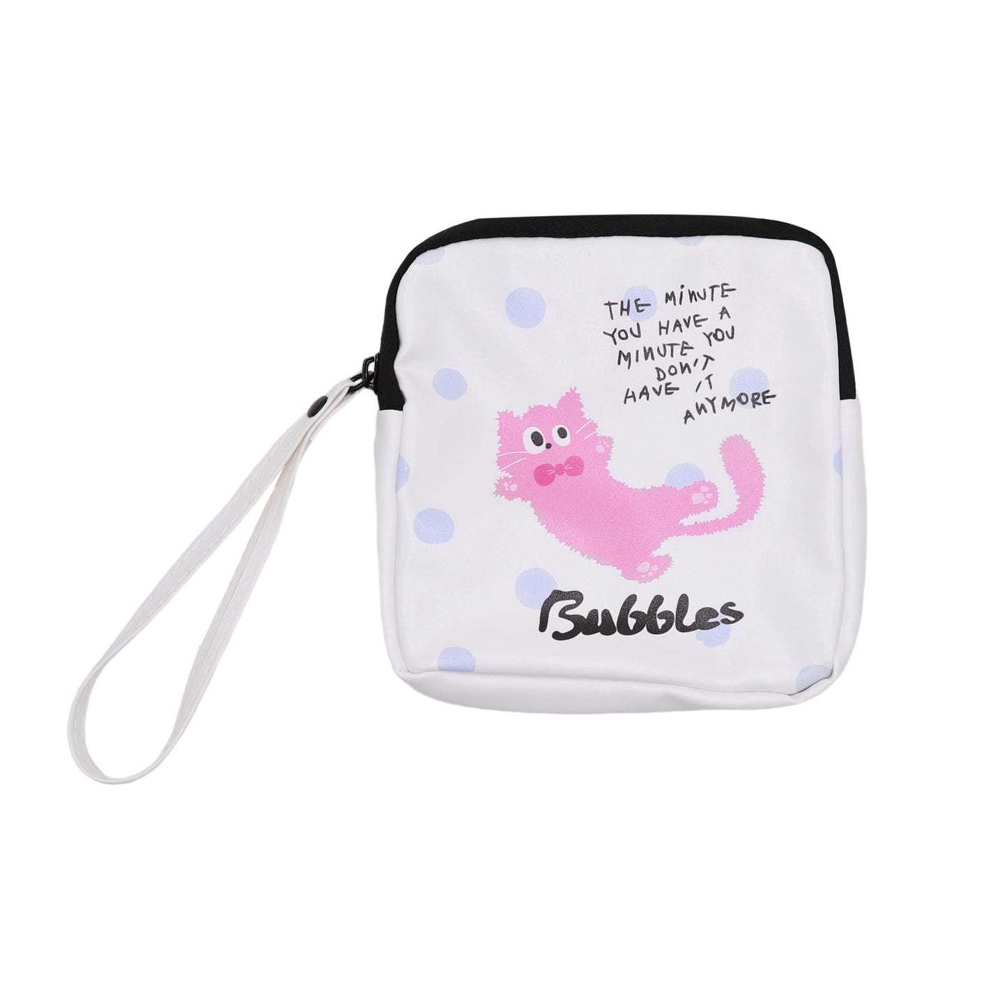 Period Bag Feminine Pads Storage Bag with Wrist Strap PU Tampon Holder Organizer Pouch Small Square Make Up Bag,Pink Cat