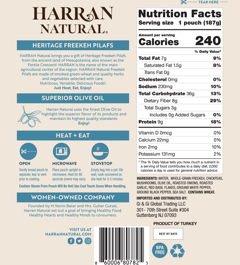 Harran Natural Whole Freekeh Pilaf, Chickpea & Mushroom, Ready to Eat Healthy Superfood Meal, Non-GMO, No Preservatives, Vegan, Plant-Based Protein, 6.6 oz