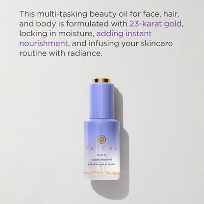 TATCHA Gold Camellia Beauty Oil | Moisturizing Face, Body, and Hair Oil Infused with 23-karat Gold flakes | 30 ml / 1 oz