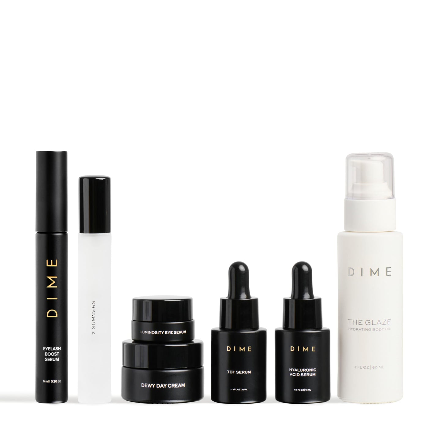 DIME Beauty Icons Collection - Travel Size Skincare Discovery Set Includes 7 Summers Perfume, Eyelash Boost Serum, Luminosity Eye, Glaze Body Oil, Hyaluronic Acid, Dewy Day Cream, TBT Serum