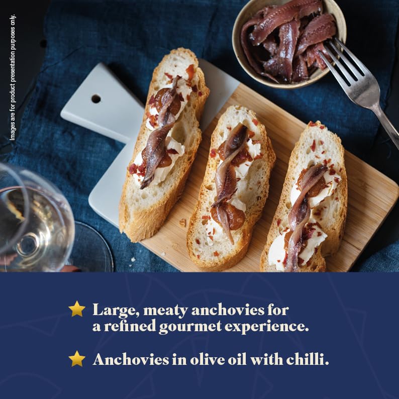 MANGIAR BENE RIZZOLI – Anchovies Fillets in Olive Oil & Chilli Pepper – 2.82oz Jar. (MSC-Certified Sustainable Seafood, From The Cantabrian Sea)