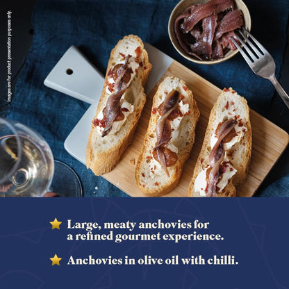 MANGIAR BENE RIZZOLI – Anchovies Fillets in Olive Oil & Chilli Pepper – 2.82oz Jar. (MSC-Certified Sustainable Seafood, From The Cantabrian Sea)