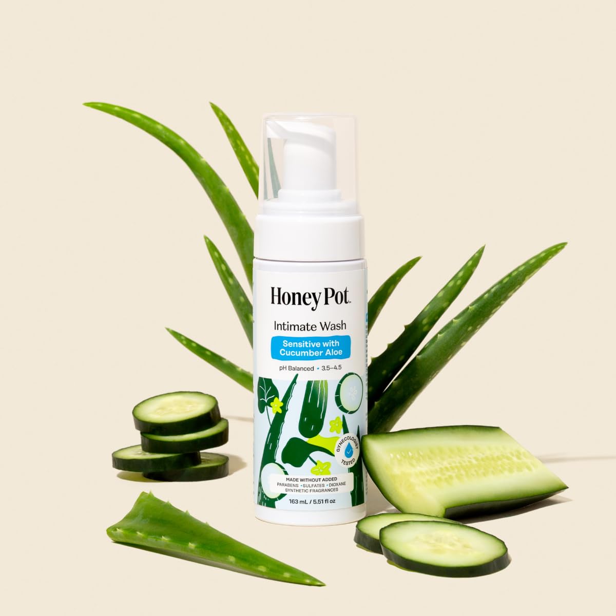 The Honey Pot Company - Feminine Wash - Herbal Infused - Sensitive Skin Types - PH Balanced Plant Based Hygiene Products - Sensitive w/Cucumber Aloe - 5.51 Fluid Oz.
