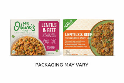 Miss Olive’s Lentil & Beef with Vegetables Ready Meal, Lower Sodium, Shelf Stable Heat & Eat Entrée in Hearty Sauce, 7 oz (Pack of 3)