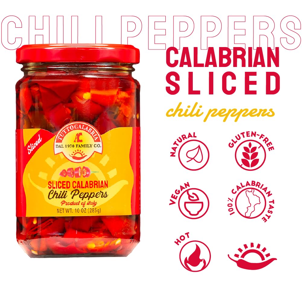 TUTTOCALABRIA Sliced Calabrian Chili Peppers, Rounds, Cut, Chopped, 10 oz (290 g), All Natural, Non-GMO, Product of Italy