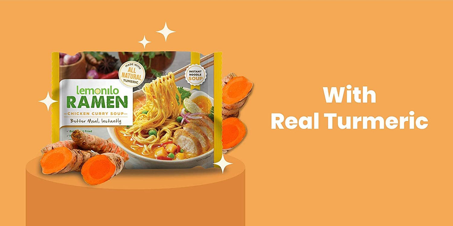 Lemonilo Ramen - Chick'n Curry Soup - Healthy Instant Ramen - Oven-Baked Noodles with Tumeric - Made with All-Natural Ingredients - Quick Meal Kit (2.57 Oz) - Pack of 6