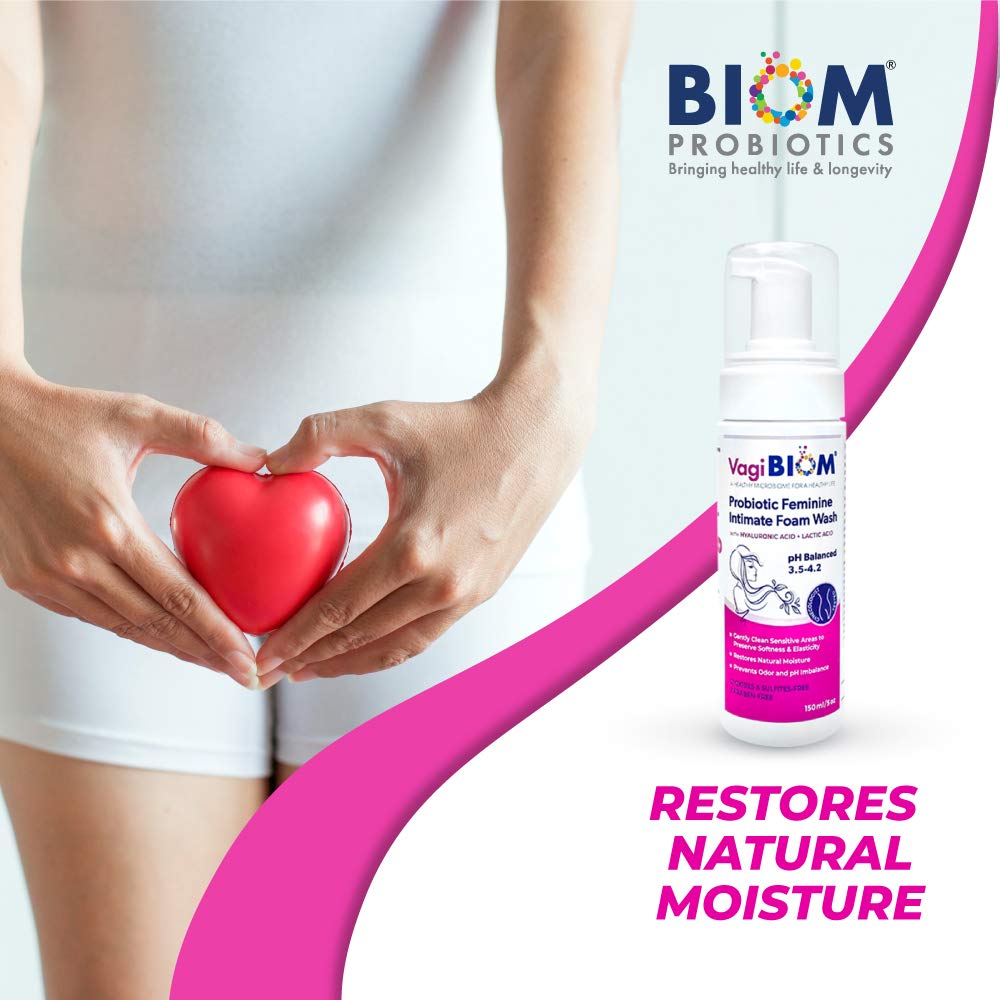 Biom Probiotics Vaginal moisturizing Foam Wash and Odor Control: First-in-Class All Natural 100% Natural Vegan Vaginal Foam. Controls Dryness, Maintain Optimal pH, and relieves Feminine discomfort
