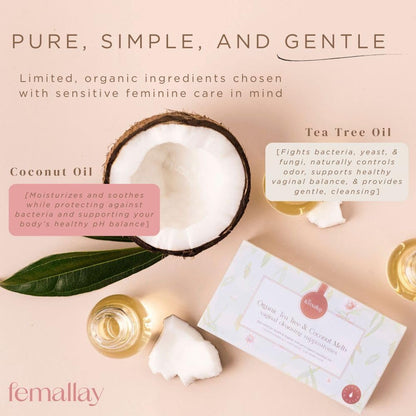 Femallay Organic Vaginal Melts – Tea Tree & Coconut Oil – Natural Feminine Odor Control, pH Balance & Dryness Relief – 7 Count + Applicator