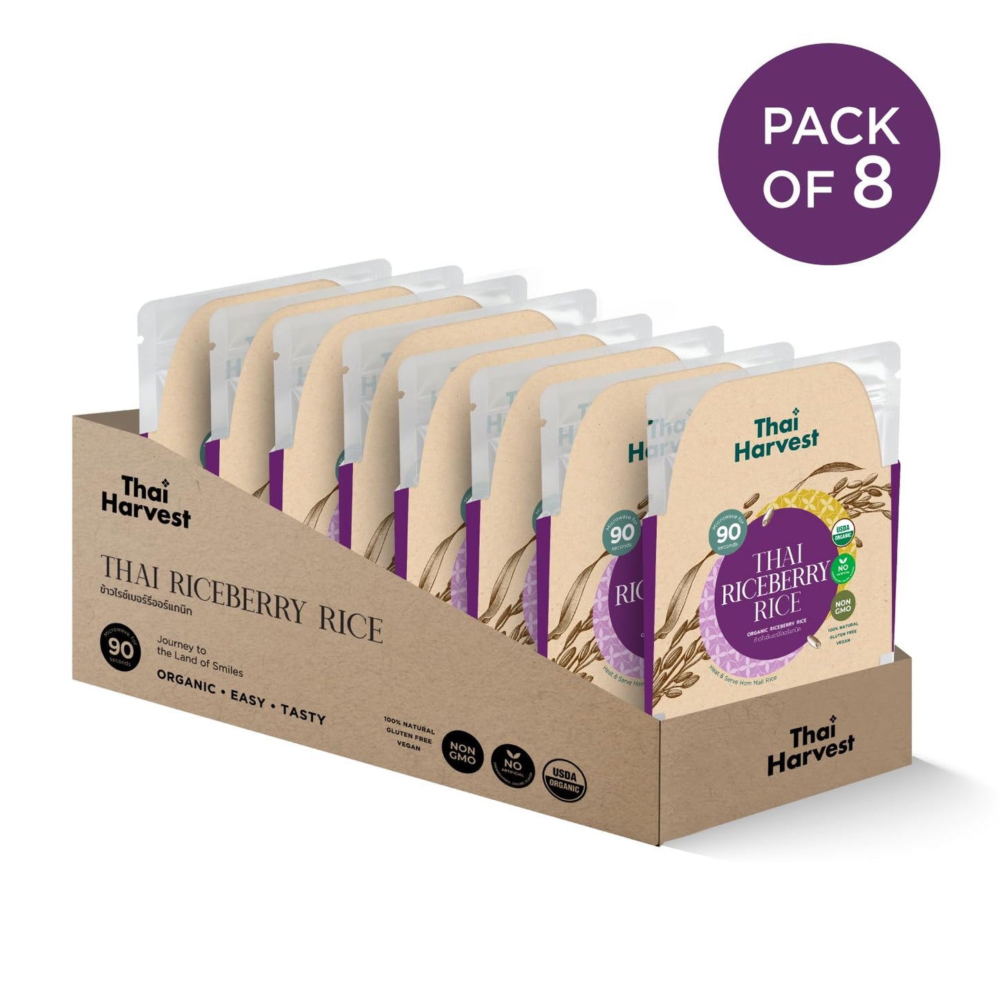 THAI HARVEST 100% USDA Organic Riceberry Rice 7 Ounce (Pack of 8) Microwaveable 90 Seconds Ready to Eat Instant Rice for Quick Dinner Meals Zero Preservatives Gluten Free