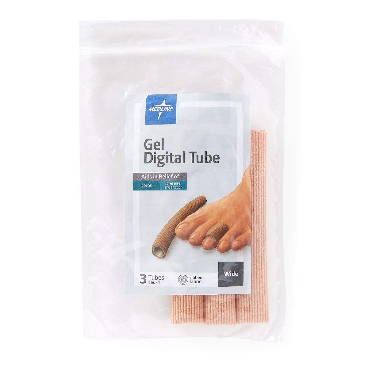 Medline Gel Ribbed Digital Toe Tube, Wide 6" x 1", Mineral Oil Gel Pad, Absorbs Shock and Pressure, Relieves Discomfort, Reusable, Can be Trimmed, Pack of 3