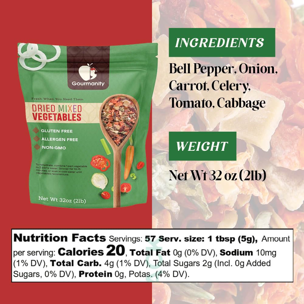 2lb Tasty Vegetable Soup Blend, Dehydrated Vegetables for Ramen Toppings, Stews, and Emergency Food, Bulk Resealable Bag, All Natural and Non GMO