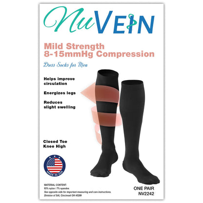 NuVein Men's Compression Socks, 8-15 mmHg Support, Dress Trouser Style, Over Calf Knee High, Black, Small