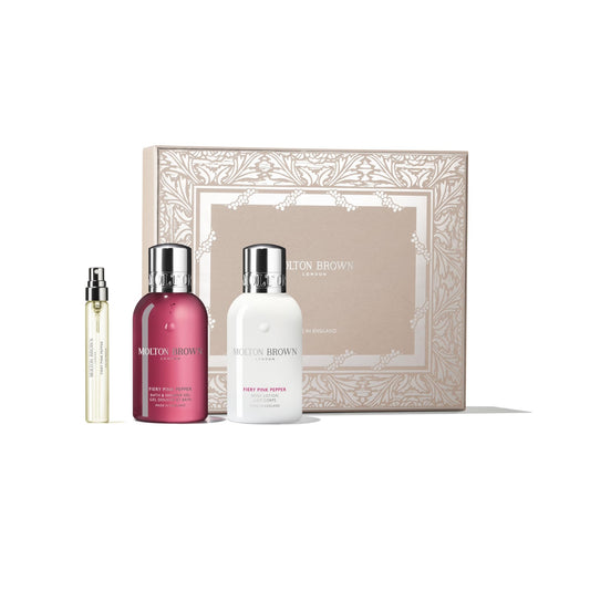 Molton Brown Fiery Pink Pepper Travel Gift Set - Eau de Parfum 0.25 fl. oz., Body Wash 3.3 fl. oz. & Body Lotion 3.3 fl. oz., Luxury Scented Body Care Beauty Gift Set
