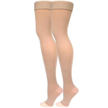 NuVein Medical Compression Stockings, 15-20 mmHg Support, Soft Comfort Microfiber, Thigh Length, Open Toe, Beige, Medium