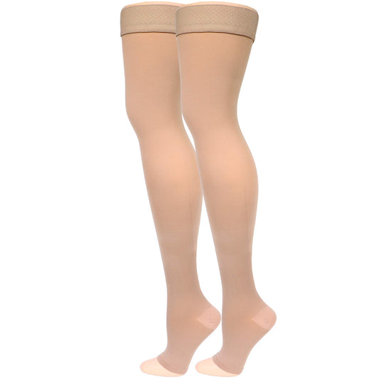 NuVein Medical Compression Stockings, 15-20 mmHg Support, Soft Comfort Microfiber, Thigh Length, Open Toe, Beige, Medium