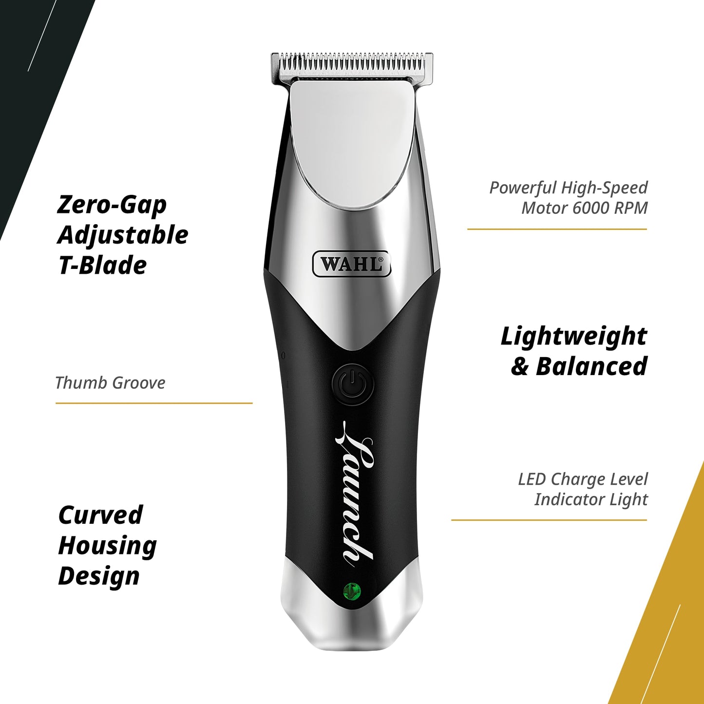 Wahl Professional Launch Trimmer, Cordless Compact 6000 RPM Rotary Motor, Wide Detachable T-Blade, 2 Hour Runtime