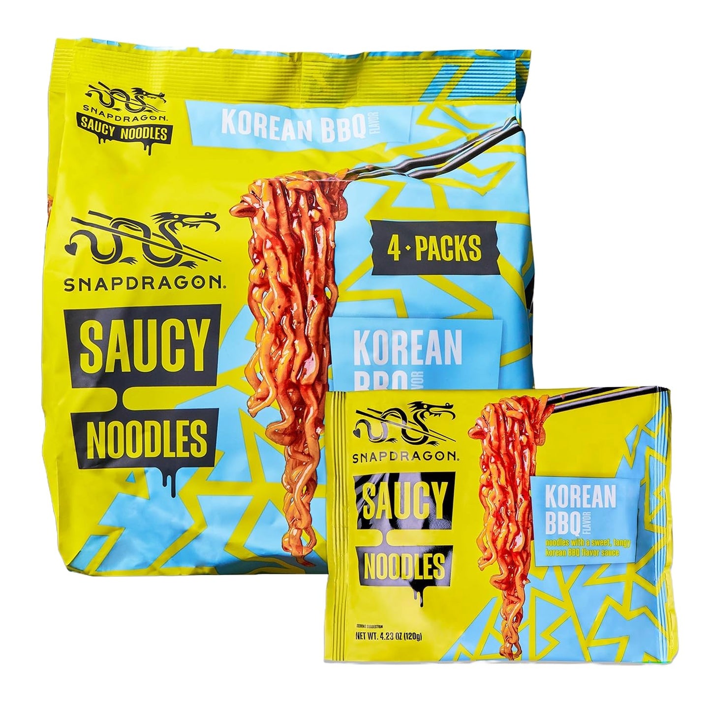 Snapdragon Saucy Instant Noodles with Korean BBQ Slurpable Sauce - Quick Meal, Snack, and Lunch. 4-Pack Microwave Noodles for Cup, Bowl, Ramen or Asian Stir Fry