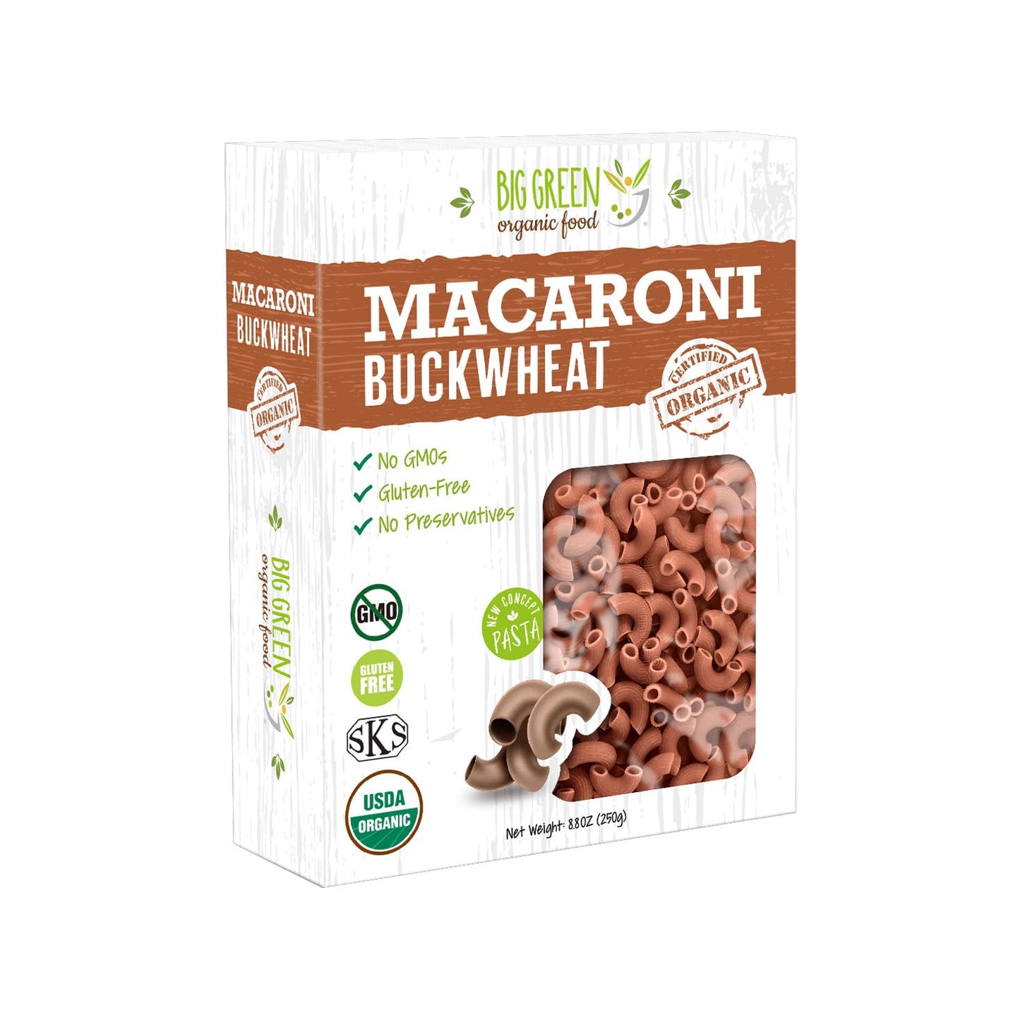 Big Green Organic Food- Organic Buckwheat Macaroni, Gluten-Free, Single Ingredient, 100% Buckwheat, Non-GMO, Vegan, Wheat and Rice Alternative, 8.8oz (1 Box)