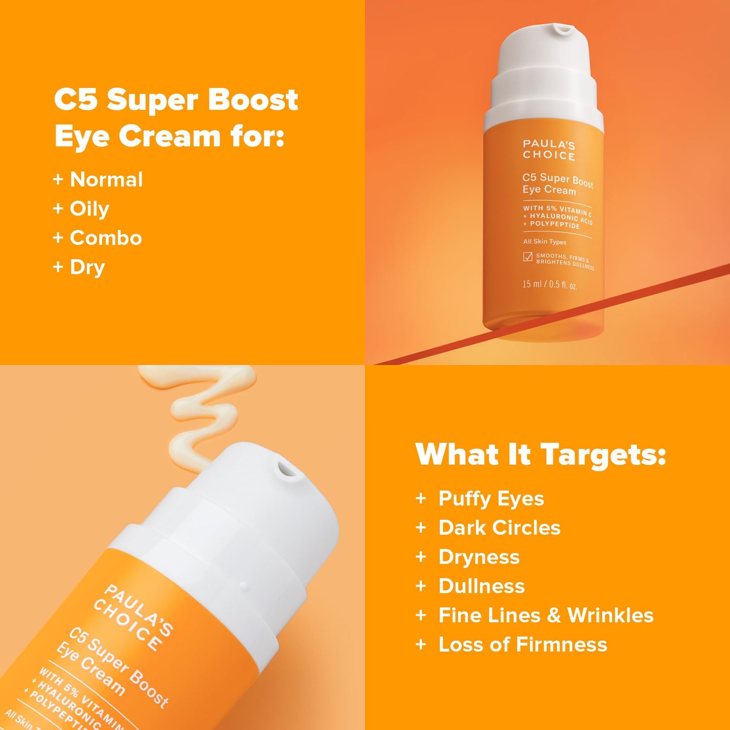 Paula's Choice C5 Super Boost Eye Cream for Dark Circles, Puffy Eyes, Fine Lines & Crow’s Feet, Eye Repair Cream with 5% Vitamin C, Hyaluronic Acid & Peptides, Fragrance Free, 0.5 fl oz