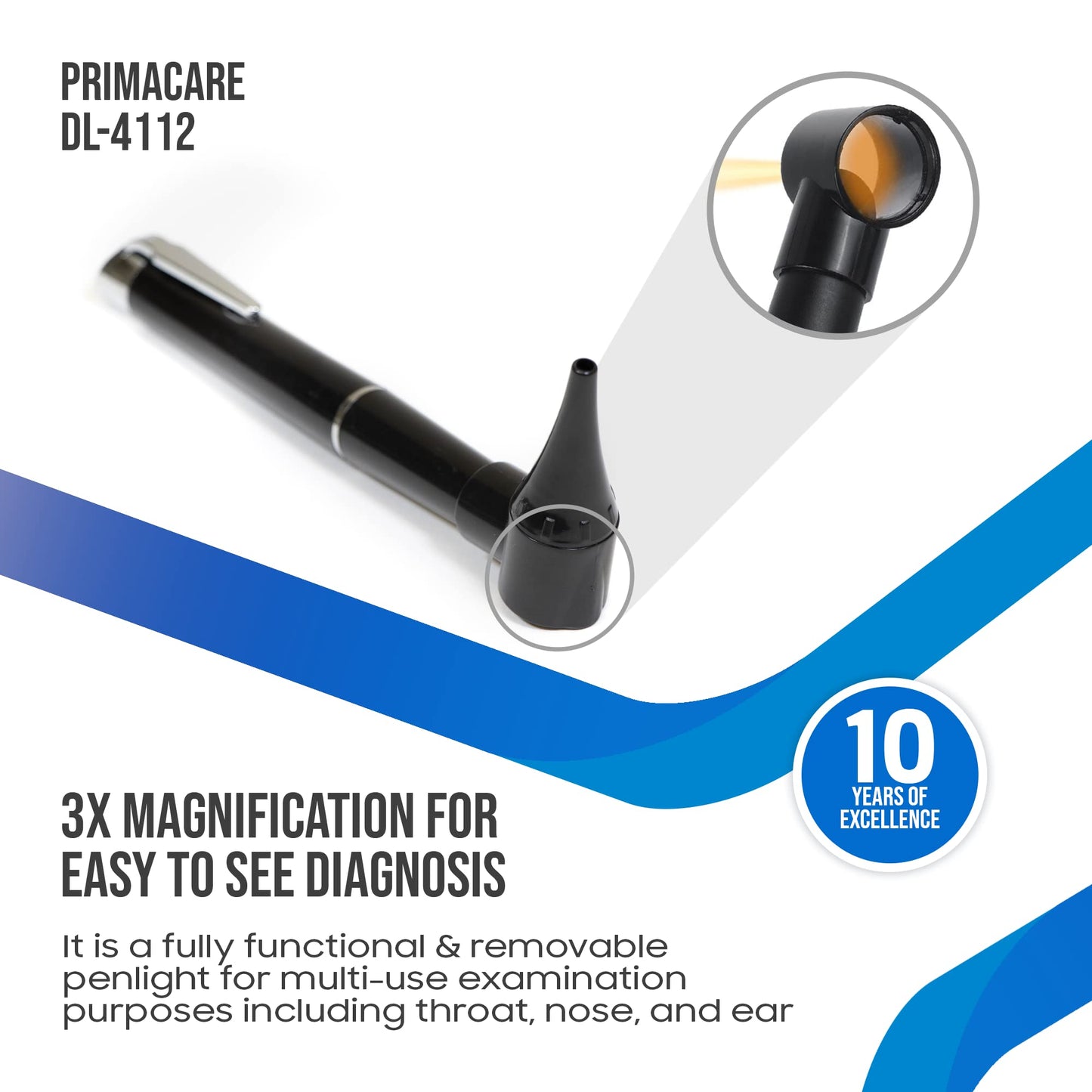 PrimaCare DL-4112 Mini Diagnostic Otoscope Kit with High Resolution LED Ear Light, Medical LED Pocket Clip Otoscope for Nurse, Student, Doctors EMT, 3 Sized Speculas