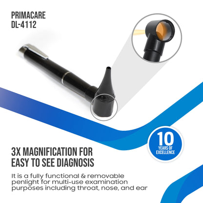 PrimaCare DL-4112 Mini Diagnostic Otoscope Kit with High Resolution LED Ear Light, Medical LED Pocket Clip Otoscope for Nurse, Student, Doctors EMT, 3 Sized Speculas