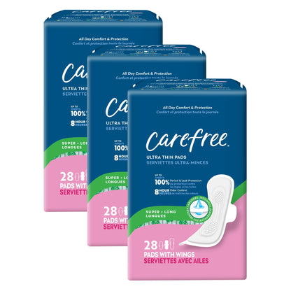 Carefree Ultra Thin Pads for Women, Super/Long Pads with Wings, 84ct (3 Packs of 28ct) | Carefree Feminine Care, Period Care & Postpartum | 84ct (3 Packs of 28ct)