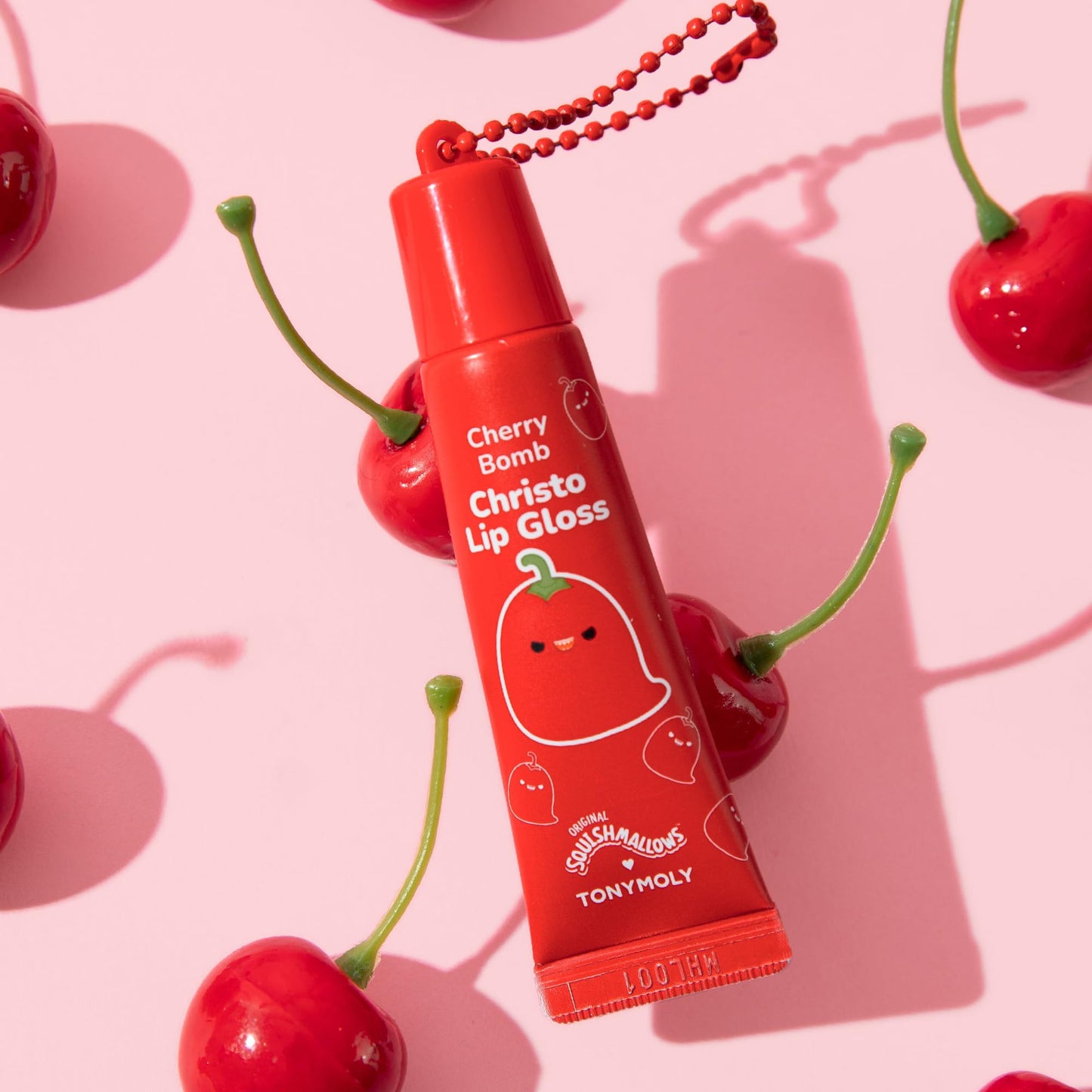 TONYMOLY x Squishmallows Christo Keychain Lip Gloss – Sheer Cherry Red Tint, Hydrating with Cherry Extract & Rosehip Oil, High Shine, 11ml