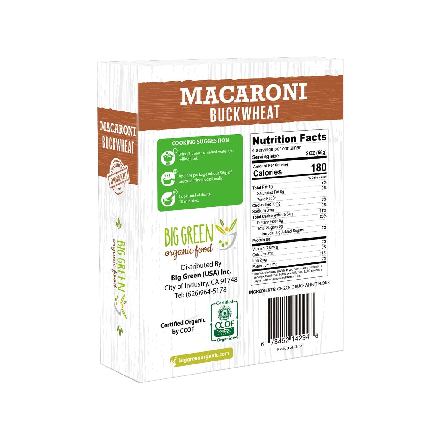 Big Green Organic Food- Organic Buckwheat Macaroni, Gluten-Free, Single Ingredient, 100% Buckwheat, Non-GMO, Vegan, Wheat and Rice Alternative, 8.8oz (1 Box)
