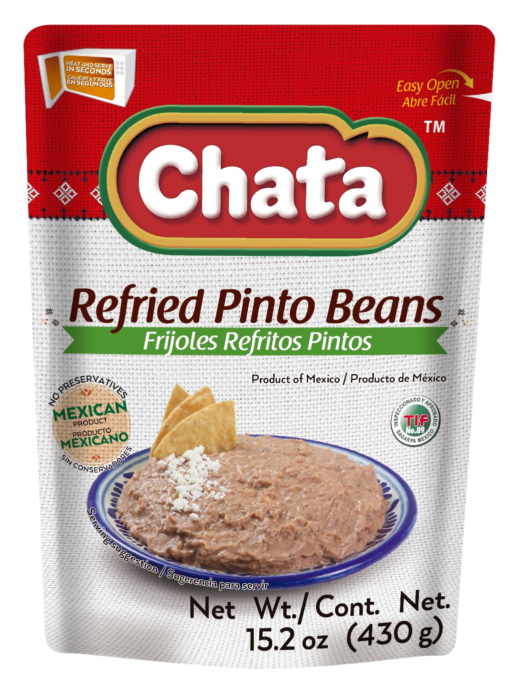 Chata Mexican Refried Pinto Beans, Authentic Mexican Flavor, 15.2 oz (Pack of 5)