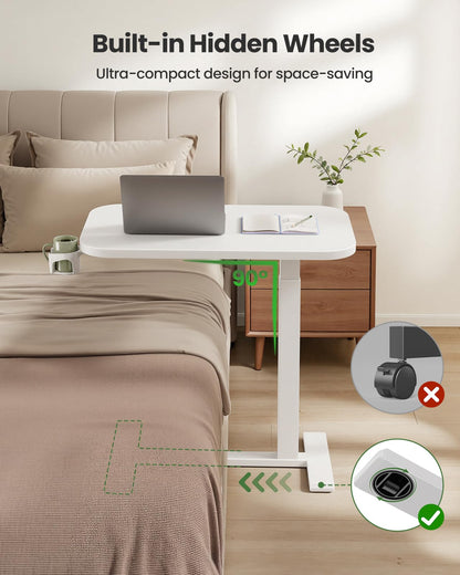 Marsail 28×16" Overbed Table with Wheels and 360° Cup Holder, Height-Adjustable Pneumatic Bedside Table, Mobile Computer Standing Desk for Home Office, White