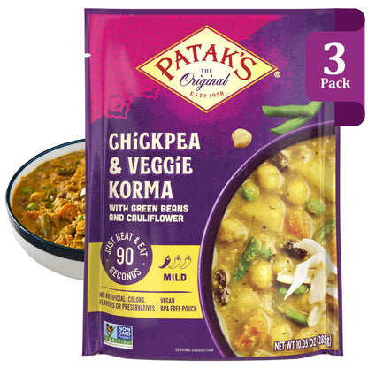 Patak’s Chickpea & Veggie Korma - Mild Creamy Coconut Based Indian Curry with Chickpeas, Green Beans & Veggies - Vegan Microwave Meal for Quick Dinners - Serve with Rice or Naan - 10.5oz (Pack of 3)