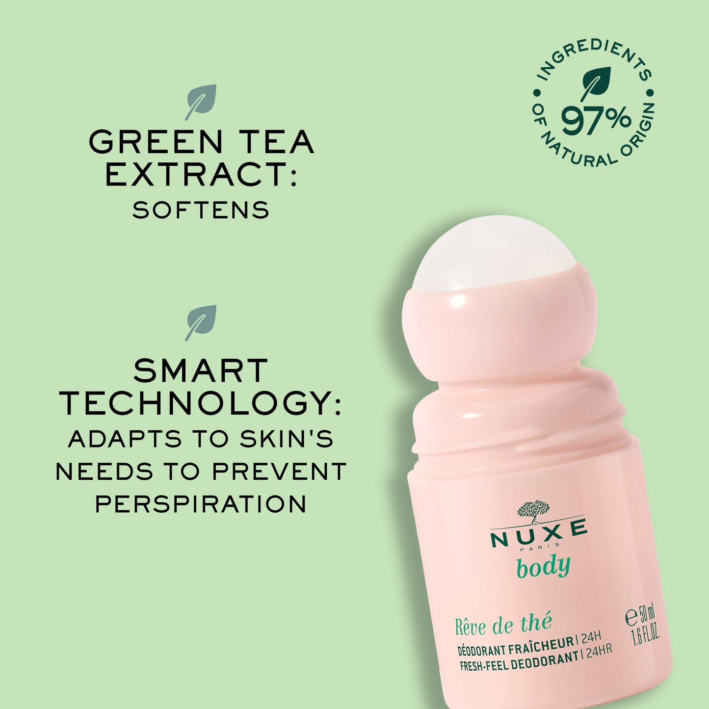 NUXE Aluminum Free Deodorant For Women. Natural, Extra Strength 24 Hour Odor & Sweat Protection, 1.6 Fl Oz