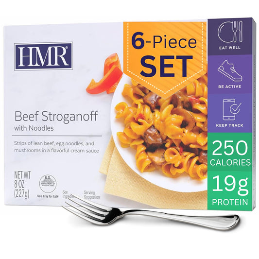 HMR Beef Stroganoff with Noodles Entrée | Pre-packaged Lunch or Dinner | Ready to Eat | 19g of Protein | Low Calorie Food | 8oz Serving per Meal | Pack of 6