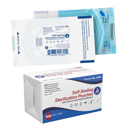Dynarex Sterilization Pouches - Self-Sealing Autoclave Bags for Medical, Dental, Tattoo & Nail Care Tools - Blue-Tinted Transparent Cover, Dual Color Indicators (2.25" x 2.75", 200)