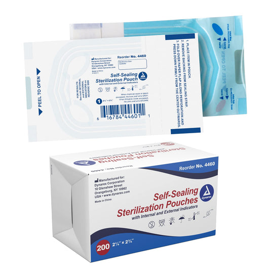 Dynarex Sterilization Pouches - Self-Sealing Autoclave Bags for Medical, Dental, Tattoo & Nail Care Tools - Blue-Tinted Transparent Cover, Dual Color Indicators (2.25" x 2.75", 200)