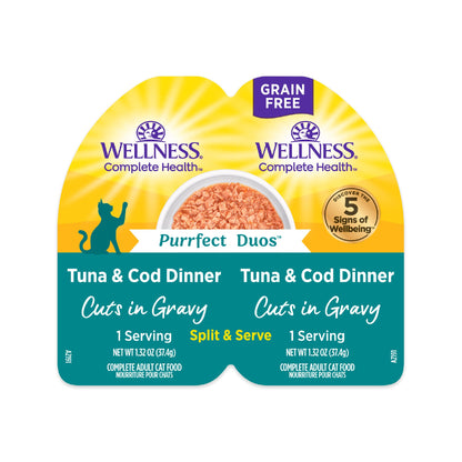 Wellness Complete Health Purrfect Duos, Cuts in Gravy, Adult Wet Cat Food, Natural, Protein-Rich, Grain-Free, 2.64 Ounce, 12 Pack, (Tuna & Cod Dinner Recipe)